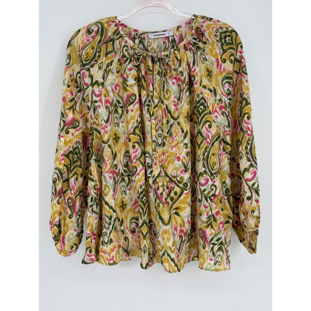 Woolworths Boho Abstract Tie Neck Long Sleeve Blouse Women's Sz L Yellow Green‎
